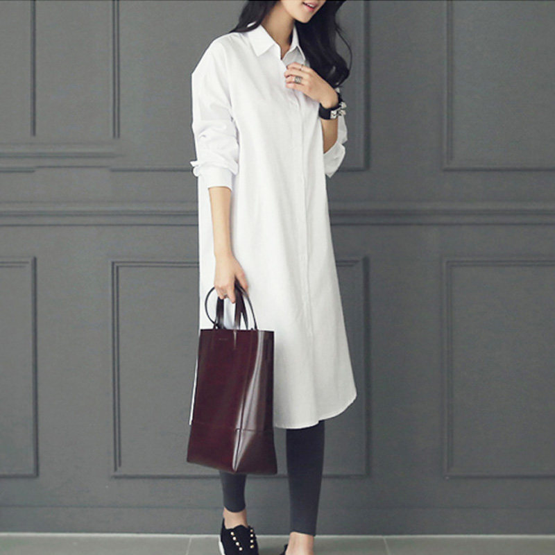 2021白色衬衣过膝mm大码宽松纯棉春秋长袖衬衫