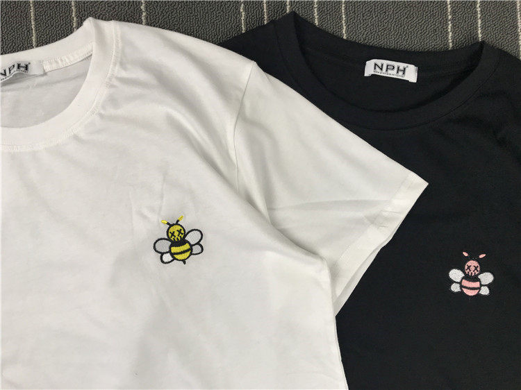 2021夏季潮牌新款立体刺绣小蜜蜂简约时尚纯色t恤男女情侣短袖