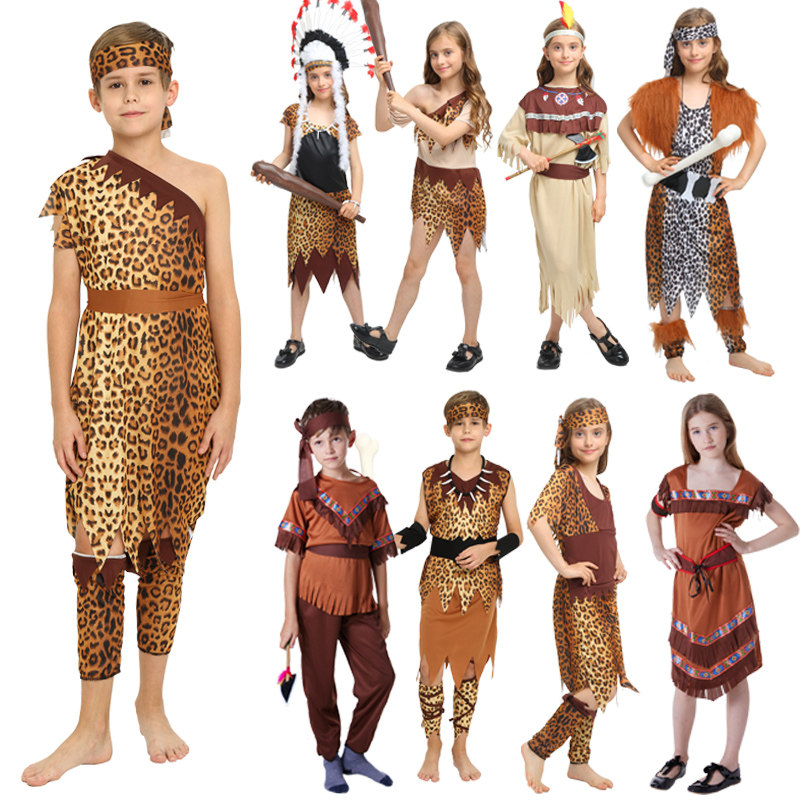 儿童野人演出服非洲土著原始人衣服舞蹈豹纹猎人服饰
