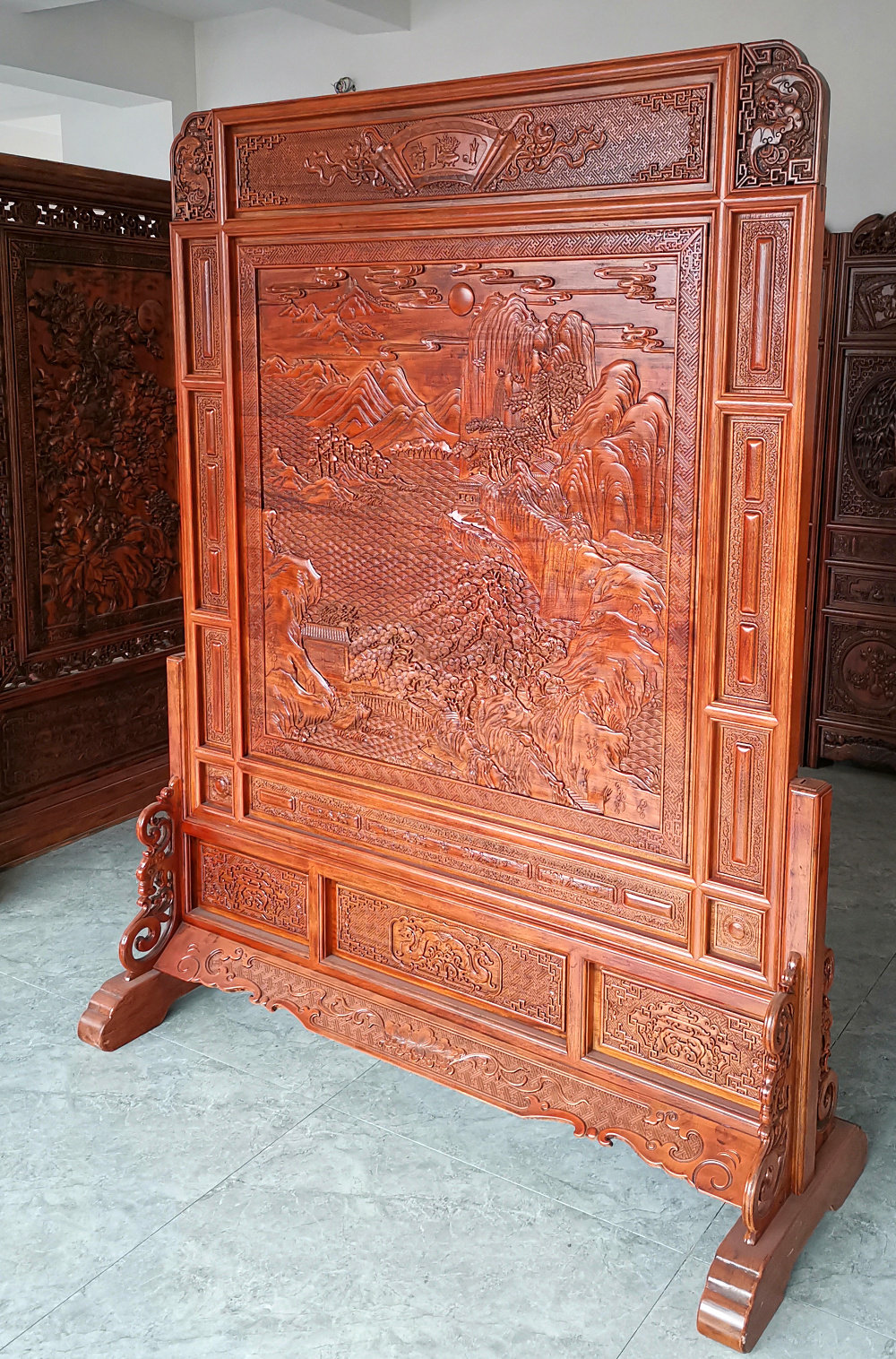 东阳木雕山水落地屏风实木雕刻座屏双面插屏中式客厅卧室玄关隔断
