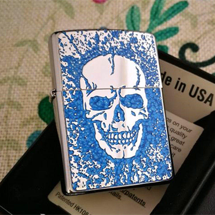正品zippo打火机美国芝宝蓝粉双面骷髅危险标志zippo