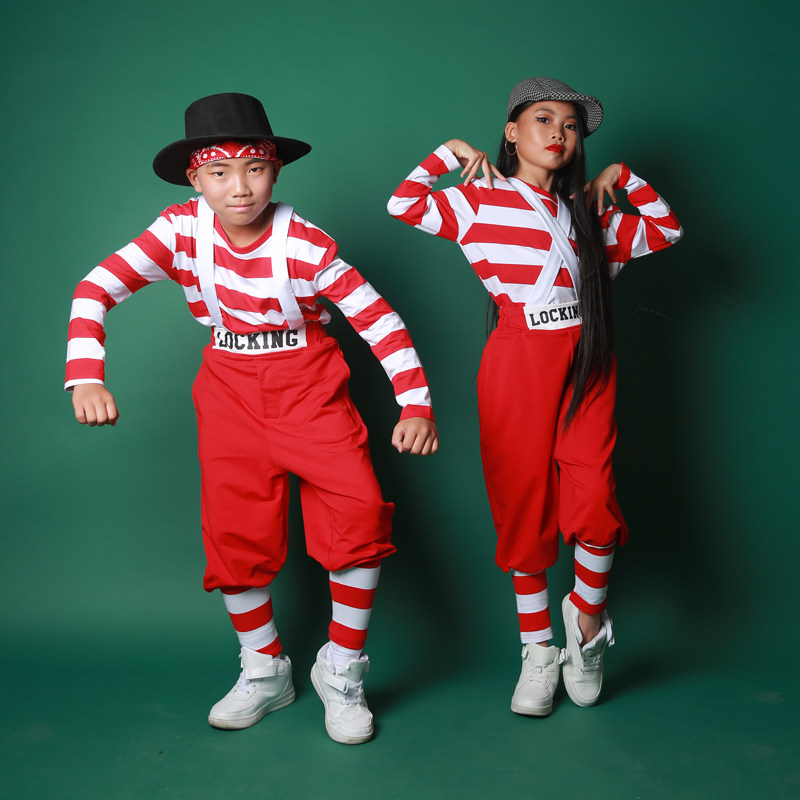 习舞少儿locking锁舞红白条纹背带套装儿童演出服儿童演出服