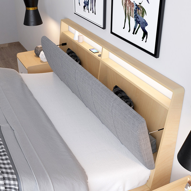 北欧床主卧储物高箱床软包床头头带多功能usb充电板式床