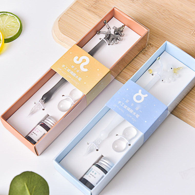 天鹅天使玻璃蘸水晶笔套装礼盒彩色墨水签字笔漫画试色笔特色礼物