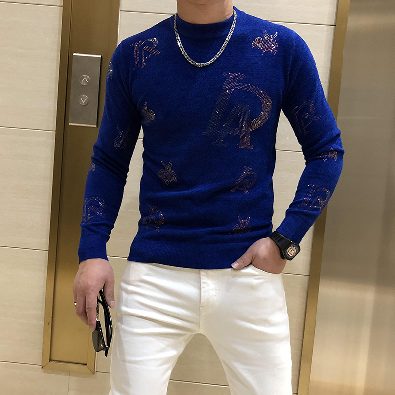 男士天鹅绒毛衣2021秋冬新款时尚个性烫钻圆领加厚针织衫男打底衫