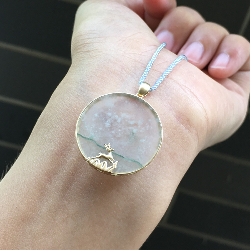 正冰翡翠雪花平安无事18k金镶女玉圆小鹿吊坠0243颈饰