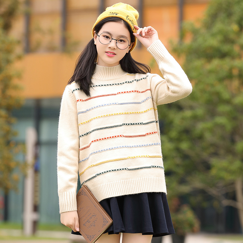 中学生冬装高领毛衣2021新款条纹针织衫少女初中生毛衣