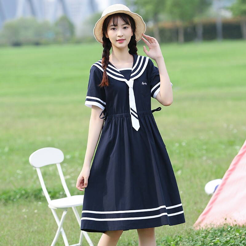 中学生海军风连衣裙少女水手jk裙子学院风海海军连衣裙