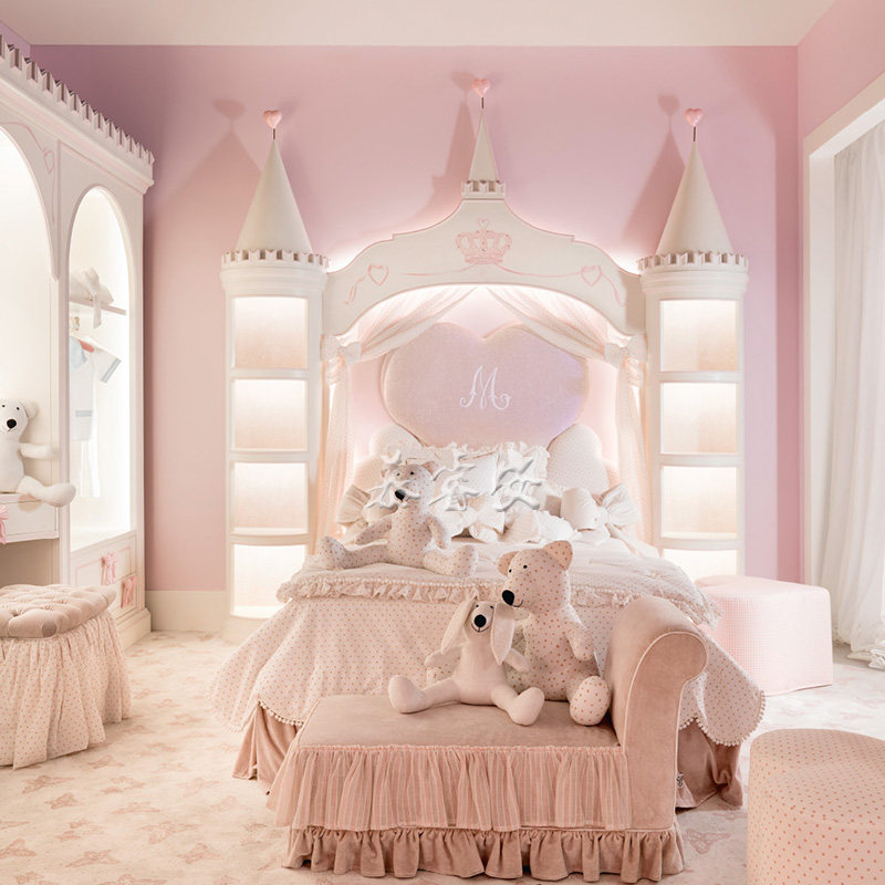 欧式收纳公主房儿童床背景墙城堡装饰实木床边衣柜