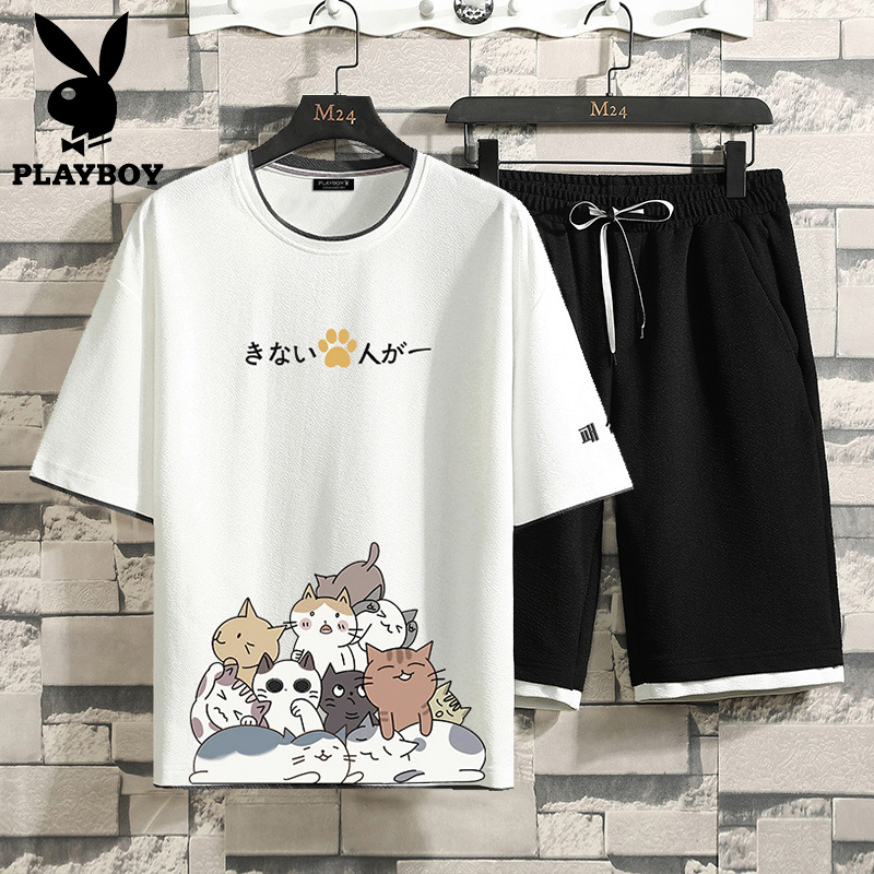 花花公子夏季套装男纯棉宽松冰感休闲衣服夏装2022新款短袖t恤潮T