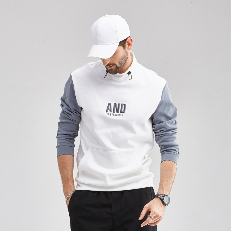 2021冬季新款半高领潮流撞色拼接刺绣上衣春秋休闲衣服百搭卫衣男