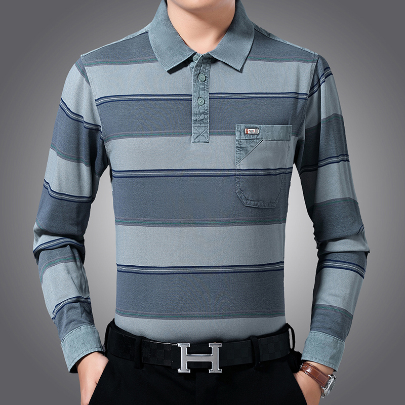 全棉长袖条纹T恤中年男士爸爸装薄款宽松真口袋t恤春秋中老年长袖