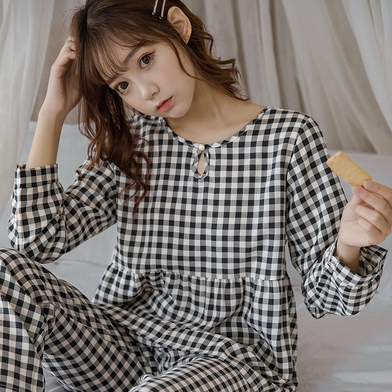 韩版格子睡衣春秋纯棉长袖薄款泡泡宽松家居服睡衣