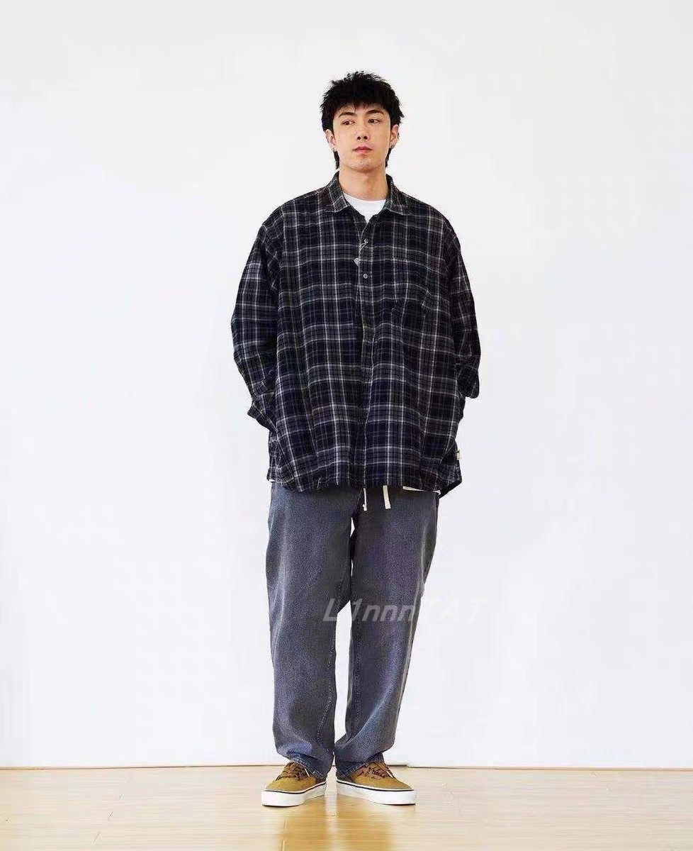 beamssszballoonshirts21aw复古黑白格子宽松长袖衬衫