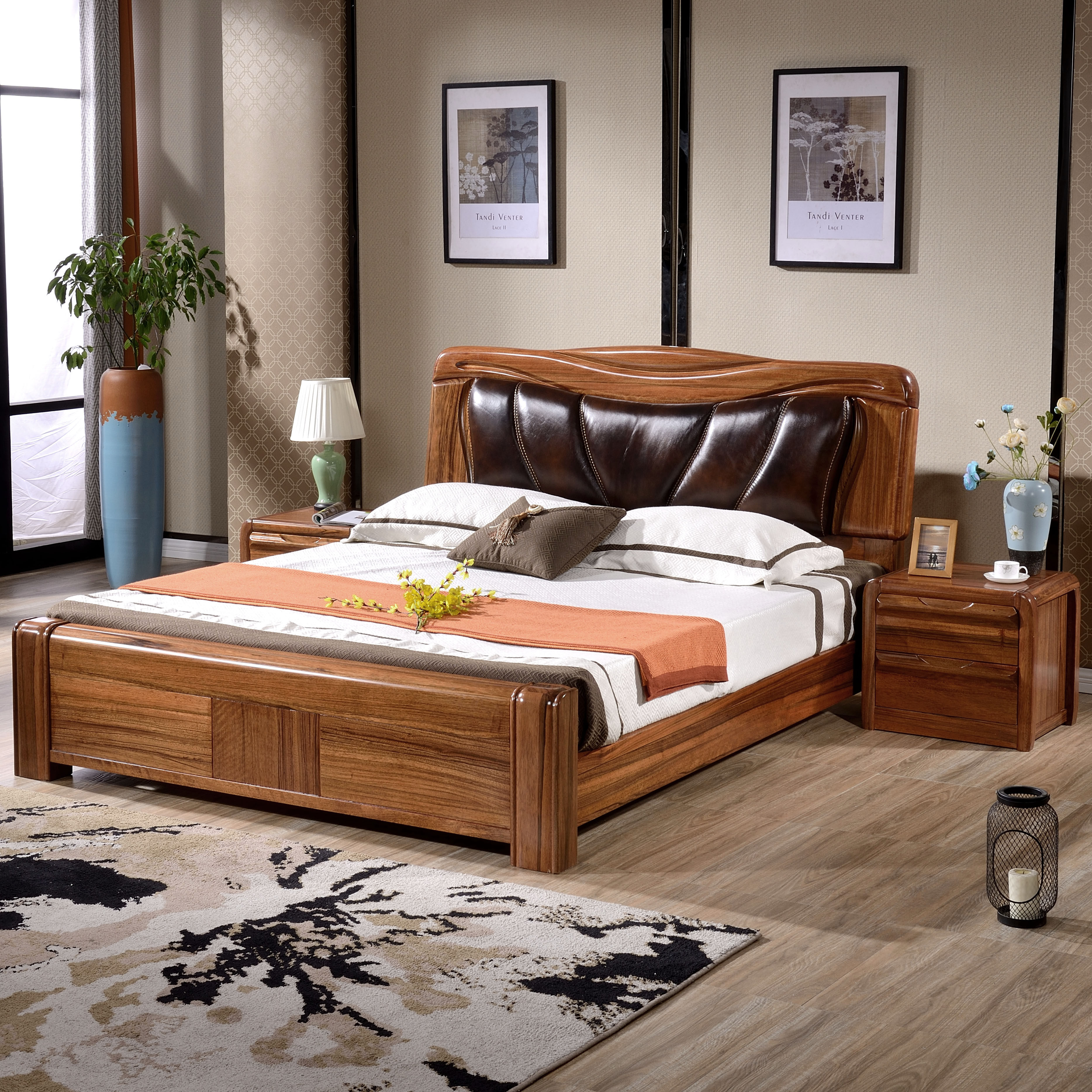 实木小乌金木婚床真皮双人床1.8米气压高箱主卧室实木床