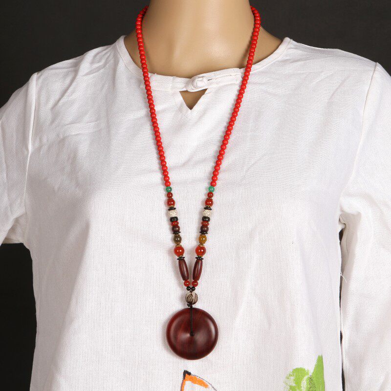 复古原创设计项链檀木平安扣毛衣链长款秋冬百搭项链