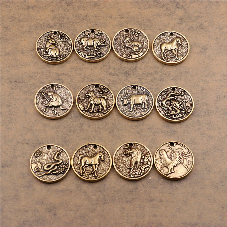 黄铜十二生肖铜牌钥匙扣挂件男女复古手编摆件