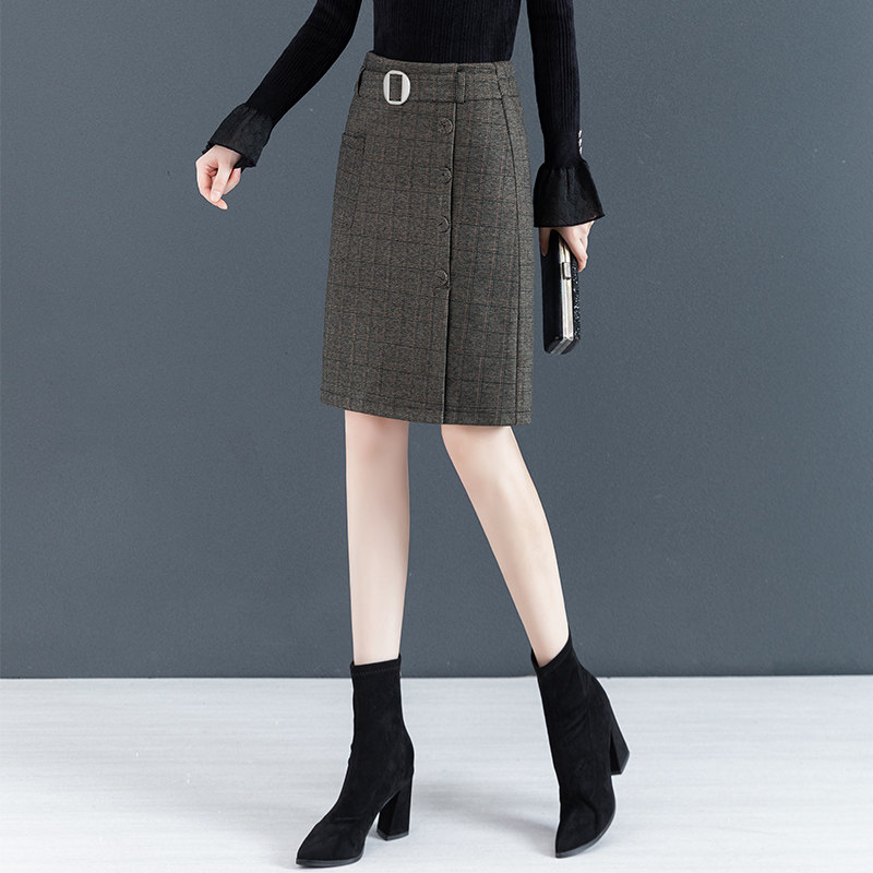大格一步包臀裙拼接后腰松紧格子呢子半身毛呢子半身裙