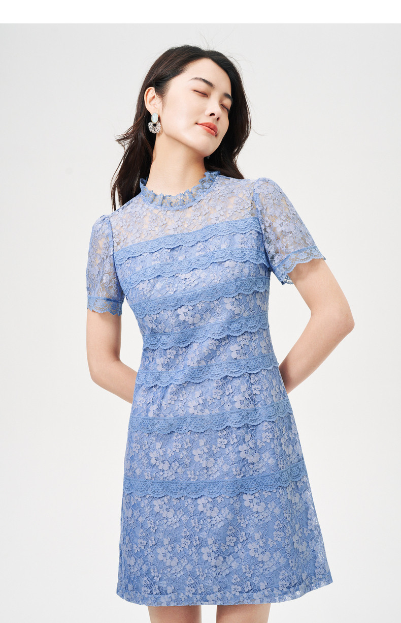 明星同款丽姿珂莱蒂尔蓝色短袖蕾丝连衣裙法式优雅连衣裙