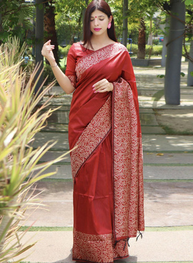 2023新款生丝纯色流苏修身印度纱丽