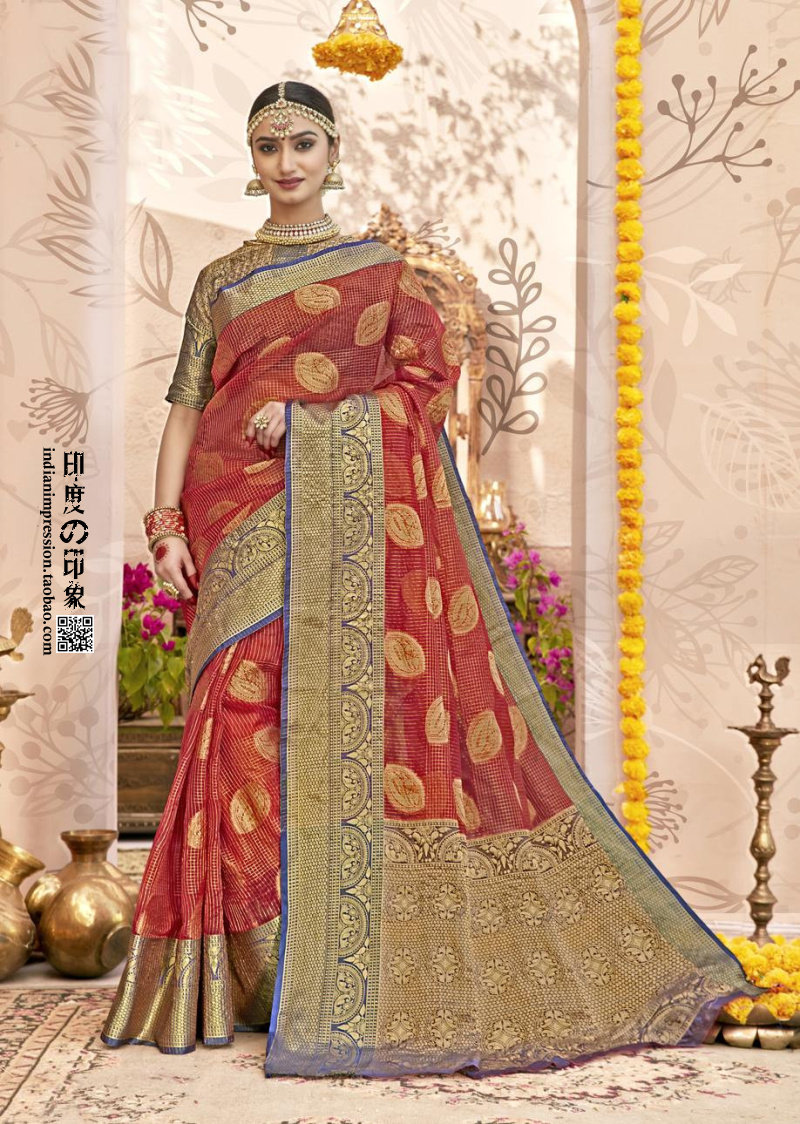 2021新品 印度传统服饰 酒红色丝棉提花莎莉 唯美民族风女装