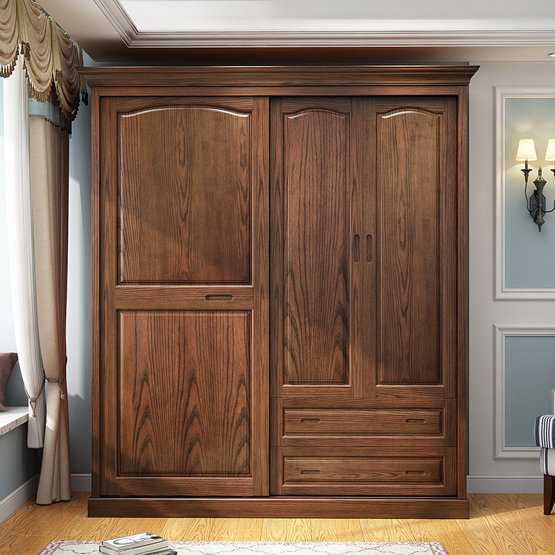 美式白蜡实木推拉门衣柜简约滑门储物柜移门衣橱衣柜