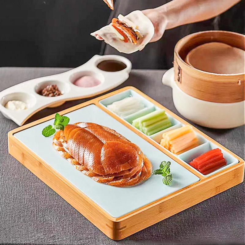 创意竹木陶瓷鸭肉组合北京烤鸭烧鹅烧鸡专用盘