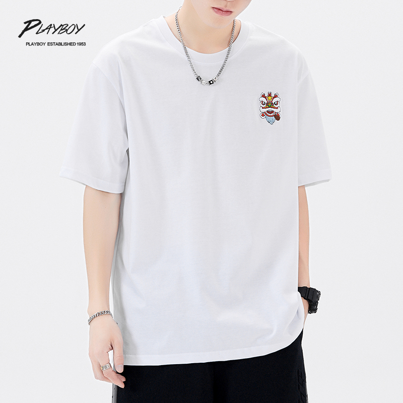 花花公子冰丝短袖t恤男夏季国潮简约风男装半袖圆领宽松男士体恤