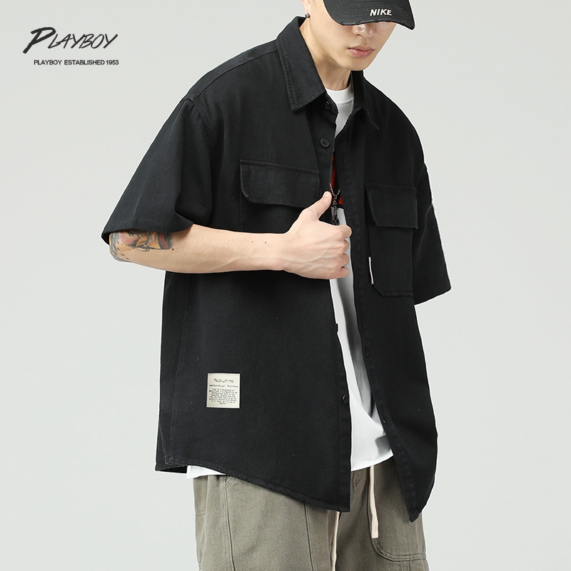 花花公子工装衬衫男短袖美式潮牌外套宽松纯棉中袖衬衣男夏季薄款