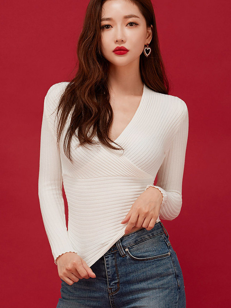 春秋韩版性感低胸深v领短袖针织打底衫女收腰上衣紧身t恤夜店装潮