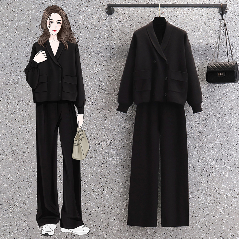 大码女装2021秋装新款胖妹妹减龄显瘦针织上衣休闲阔腿裤两件套装