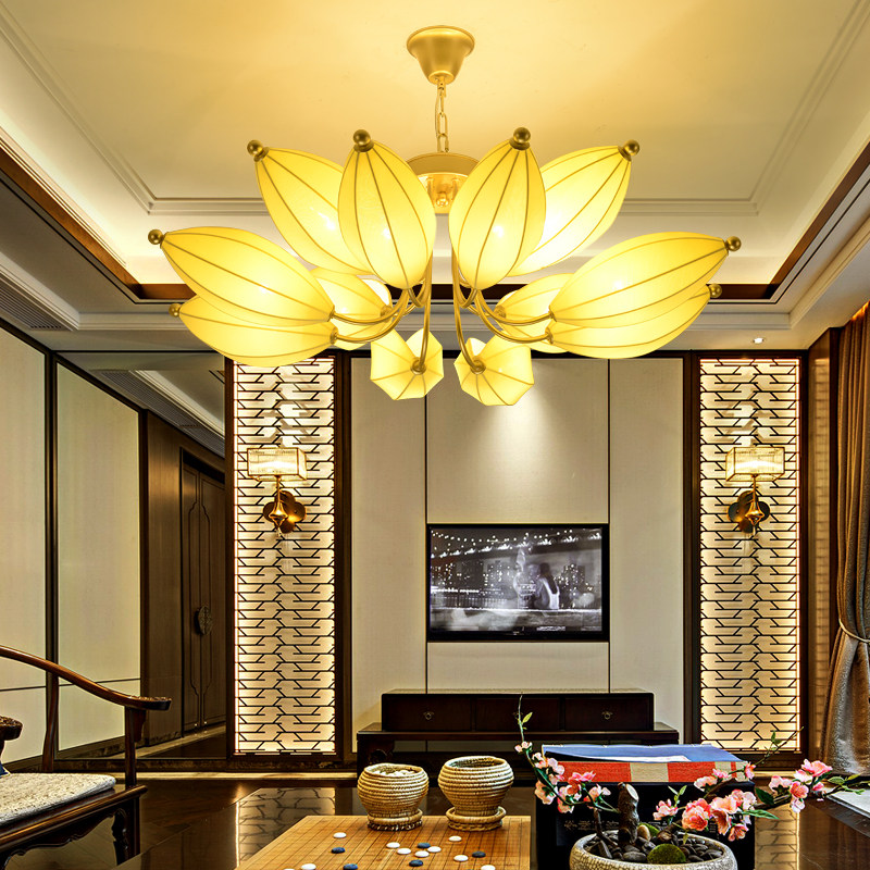 吊灯房间楼梯现代简约灯具布艺花灯莲花大厅客厅吊灯