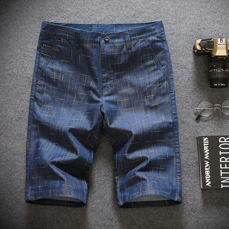 夏季薄款牛仔短裤男5五分裤休闲中裤子男士格子印花修身大码马裤