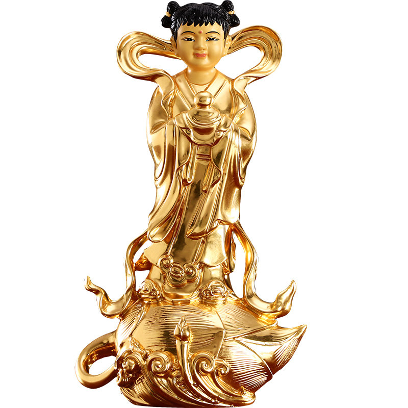 佛像贴金金童玉女台湾纯铜招财善财童子龙女家用摆件