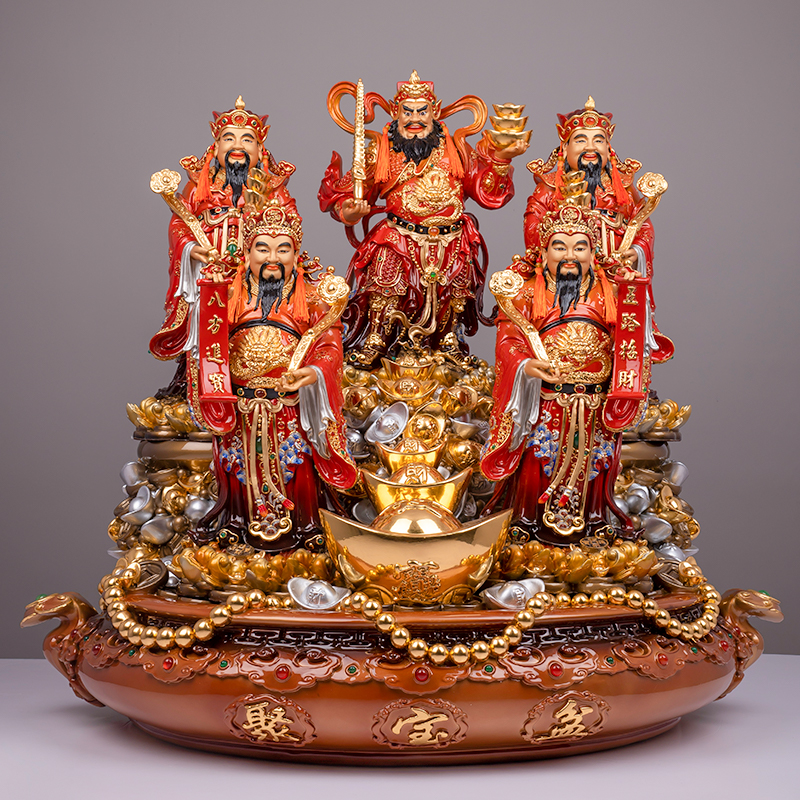 招财纯铜彩绘财神爷五路财神聚宝盆神像铜像家用装饰摆件