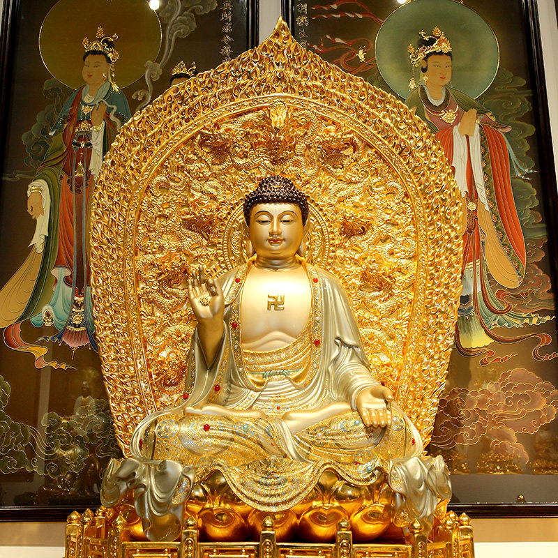 释迦摩尼佛像铜像纯铜贴金佛如来华严三三圣摆件