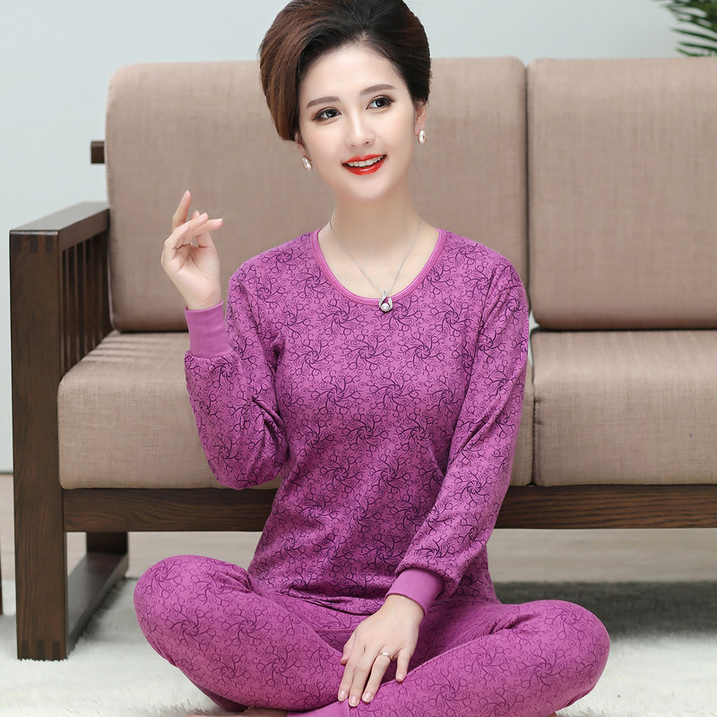 中老年秋衣秋裤女士全纯棉大码保暖内衣薄款套装老人单层棉毛衫套