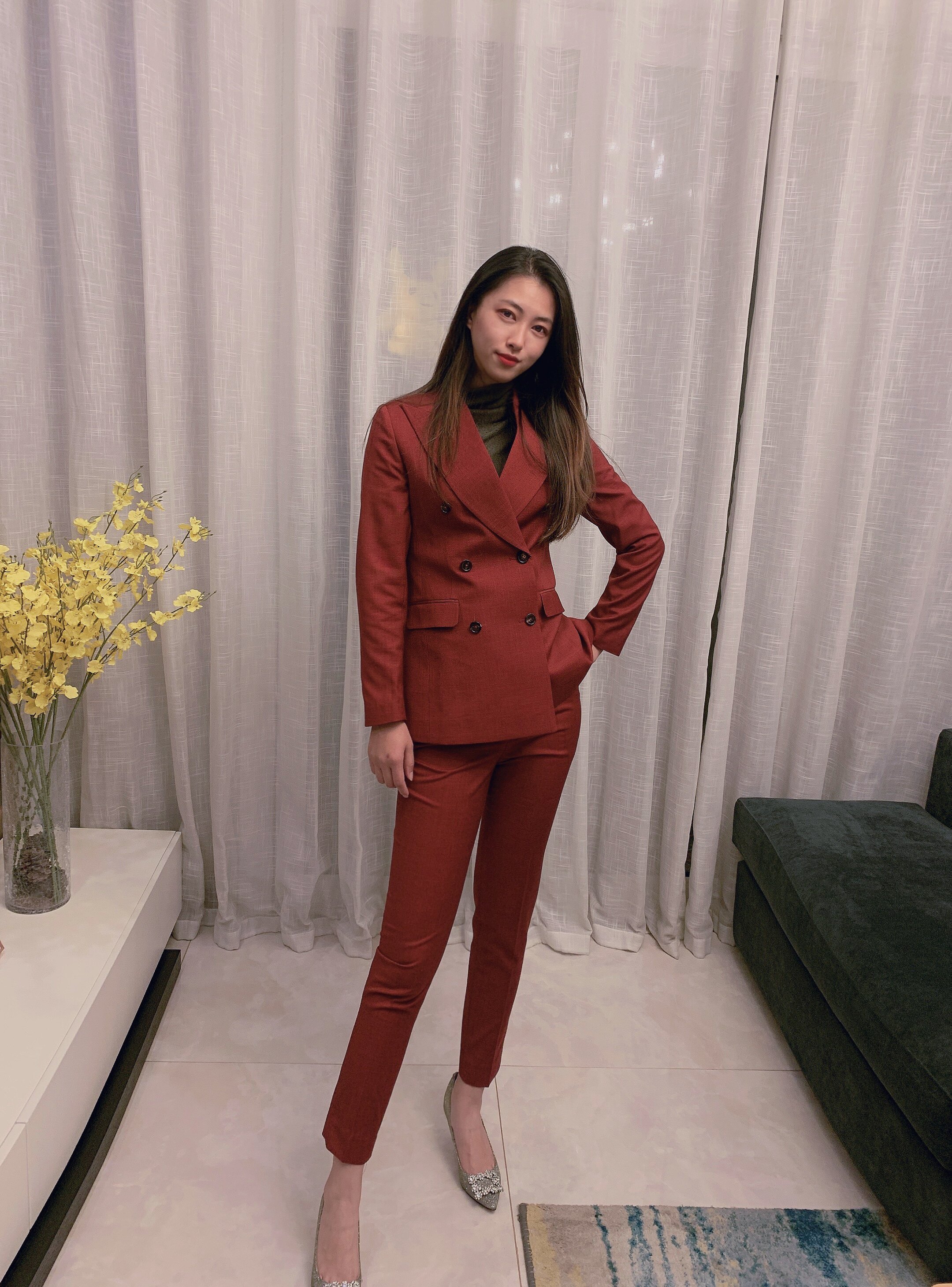 红色西装女式双排西服外套宴会主持职业套装修身西装