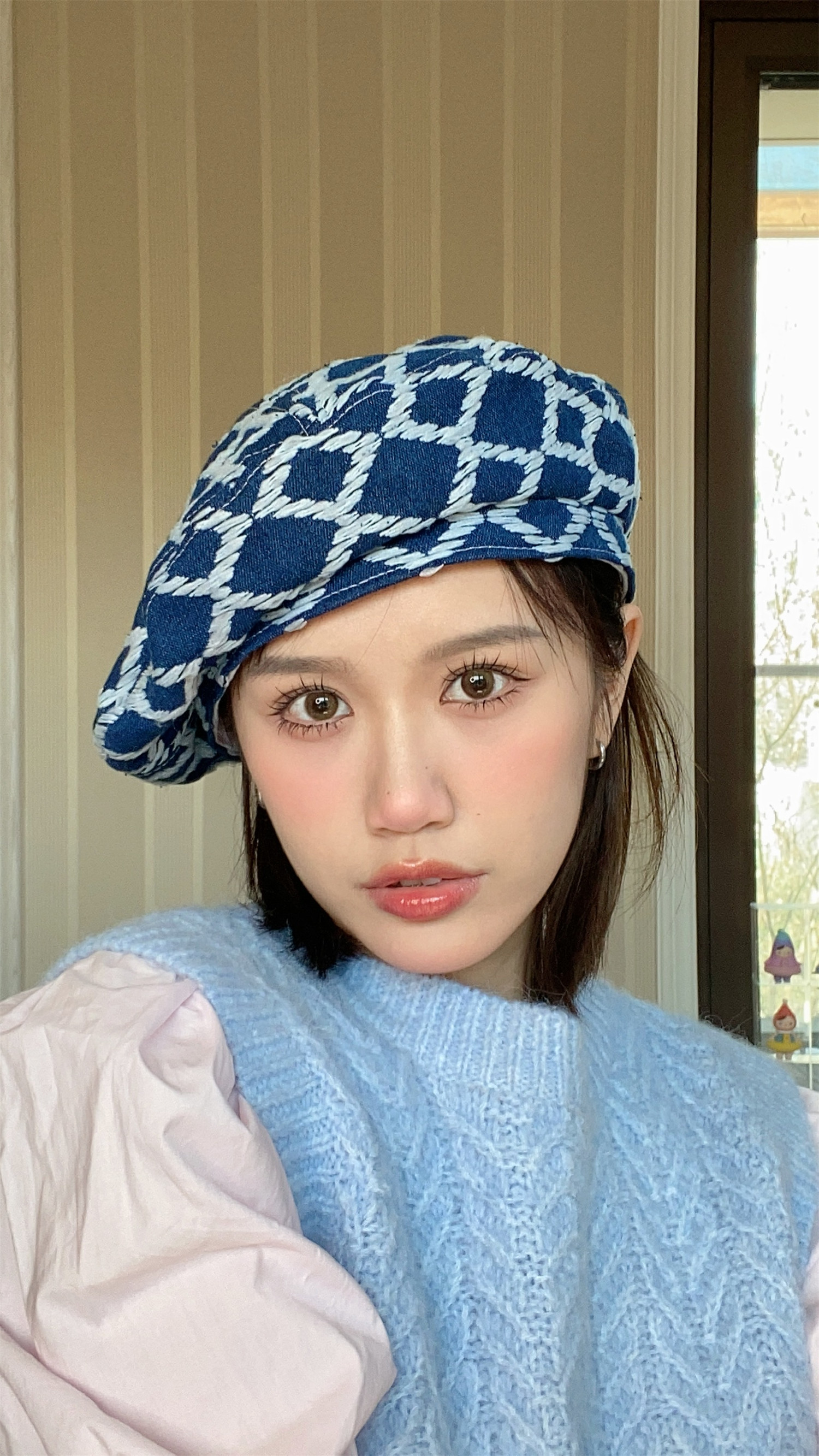 高品菱形格纹设计贝雷帽子女百搭潮流画家帽时帽子