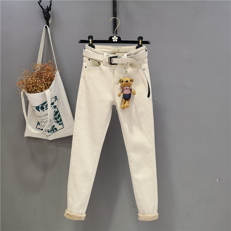 米白色铅笔牛仔裤女2021冬季新款高腰韩版弹力修身加绒小脚长裤潮