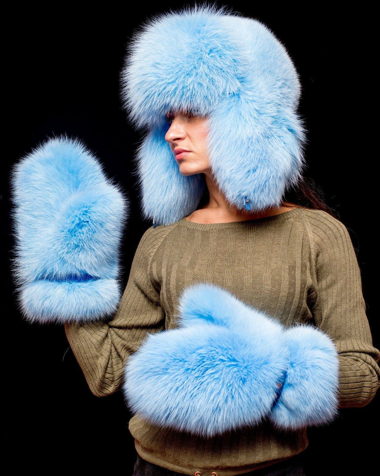 代购冬季帽子真皮优质天蓝色狐狸毛皮手工手套帽子