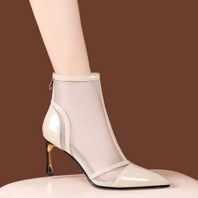 高帮镂空凉鞋夏季网纱高跟细跟百搭凉靴透气时装靴