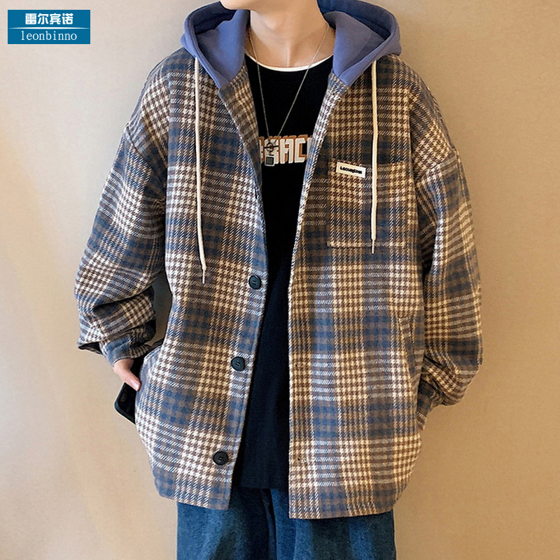 格子连帽夹克男ins春秋季新款港风宽松休闲百搭外套潮流毛呢褂子