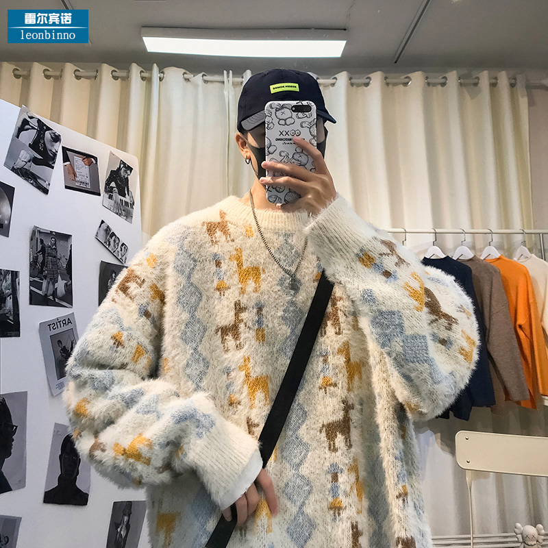 2021秋冬小鹿提花圆领毛衣男宽松加厚针织衫外套学生情侣内搭线衣