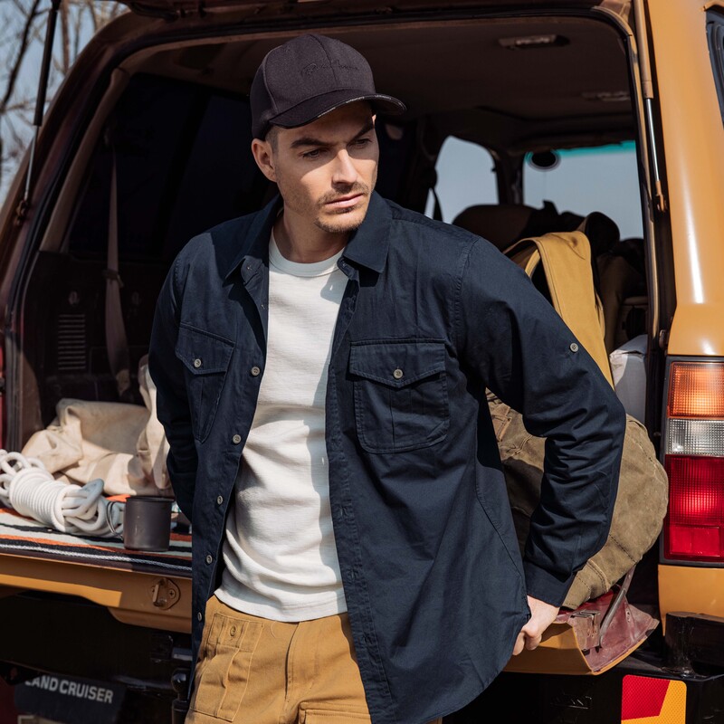 AK男装夏新款复古军袋纯棉长袖衬衫男柔软防磨损袖内卷袖织带