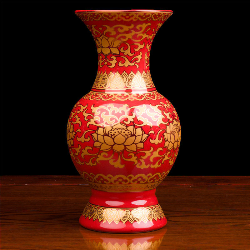 真金红无字莲花佛教花瓶供菩萨唐彩真金红富贵陶瓷供佛莲花净瓶