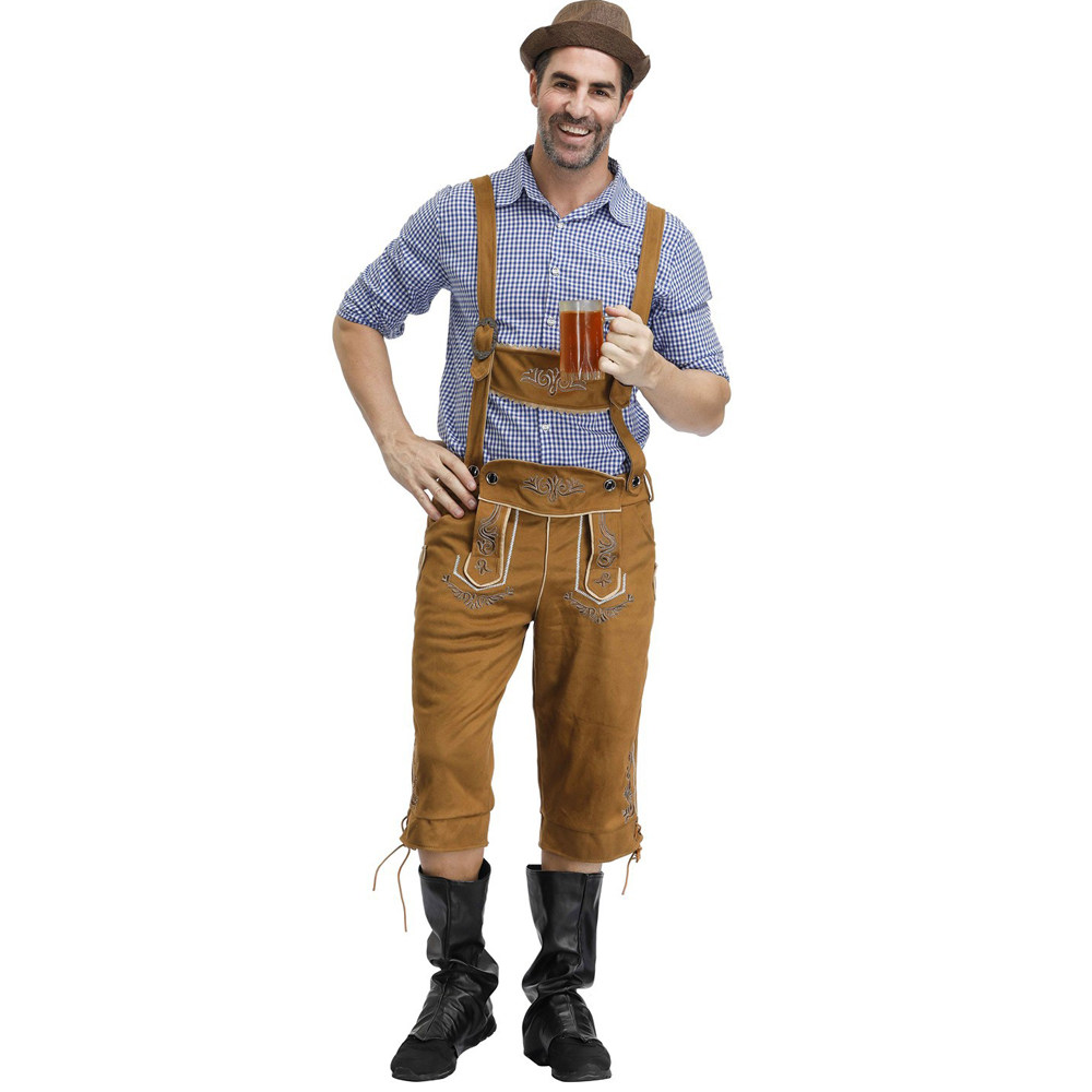 新款德国传统啤酒节服装蓝色格子衬衣男款棕色民族服装