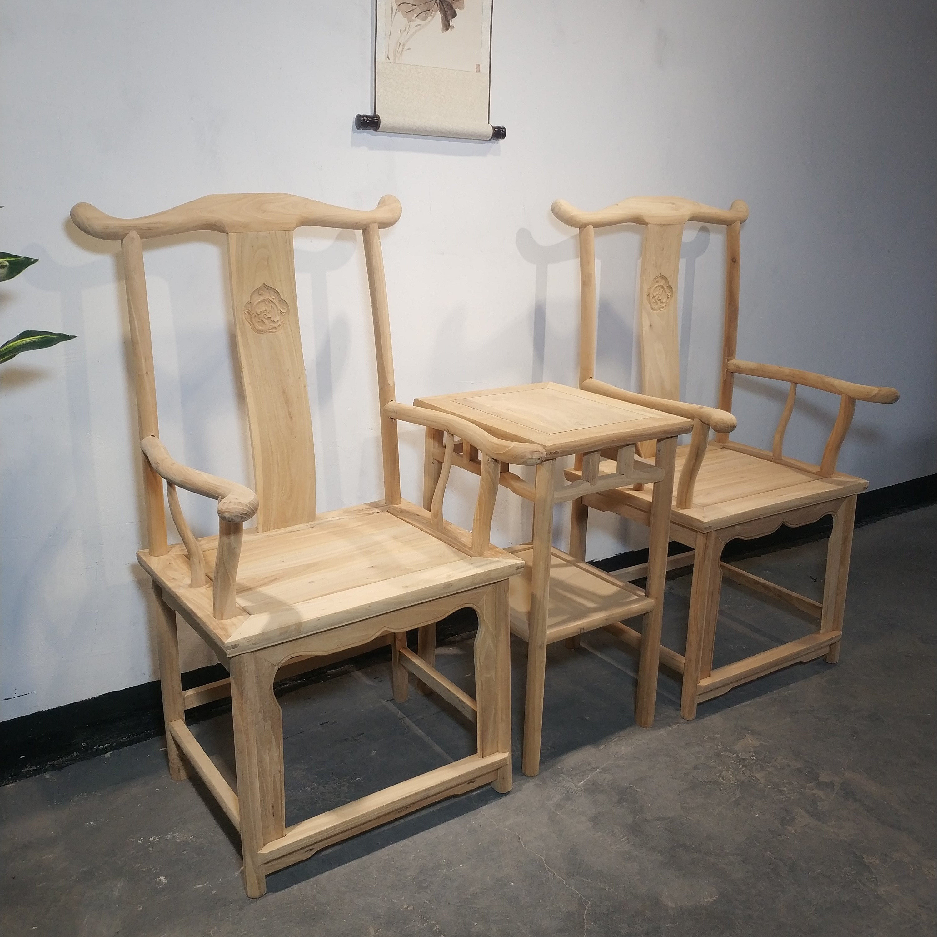 新中式茶桌白坯白太师椅禅椅实木休闲餐椅茶椅官帽圈椅