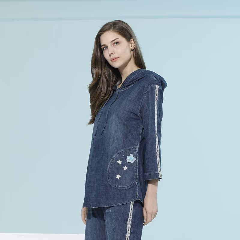 赛典2022春夏新品套头连帽薄料休闲牛仔上衣衬衫