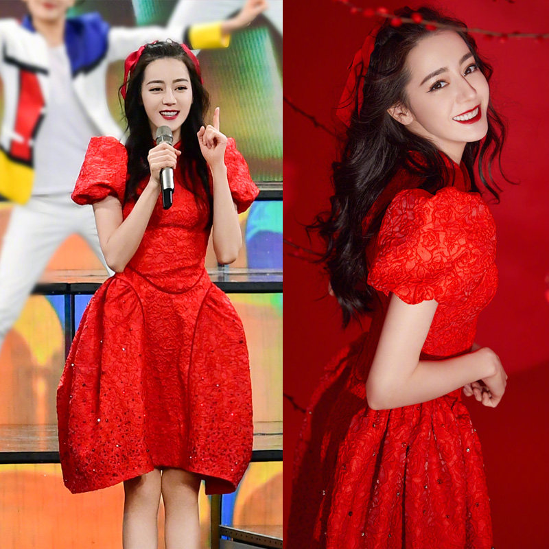 2021春节晚会迪丽热巴同款红色蓬蓬连衣裙连衣裙